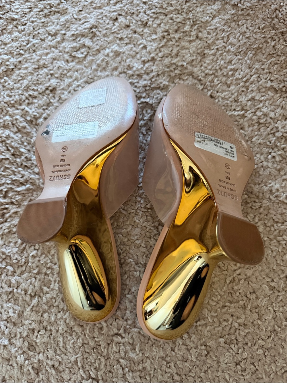 SCHUTZ Blush Pink Clear Band Mules with Gold Sculpted Heel - Picture 5 of 6